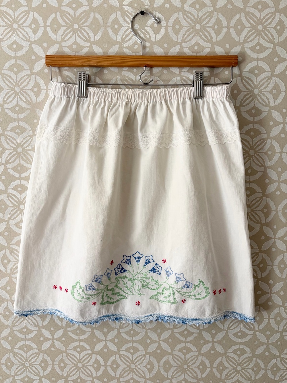 White Embroidered Cotton Skirt with Blue Trim